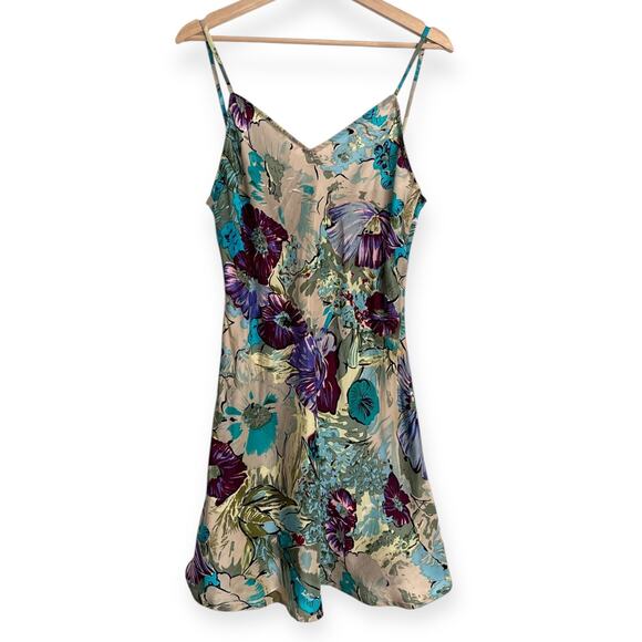 Vintage Partners Mervyns 100% Silk Floral Mini V Neck Slip Dress Women's Size M - Picture 1 of 6